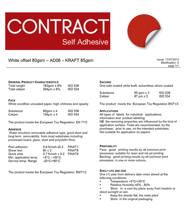 Contract - White offset 80gsm – AD06 – KRAFT 85gsm